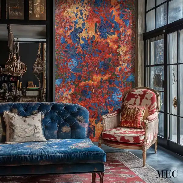 pixelated mosaic pattern. Detailed glass tile wall mural featuring red pixelated wall.