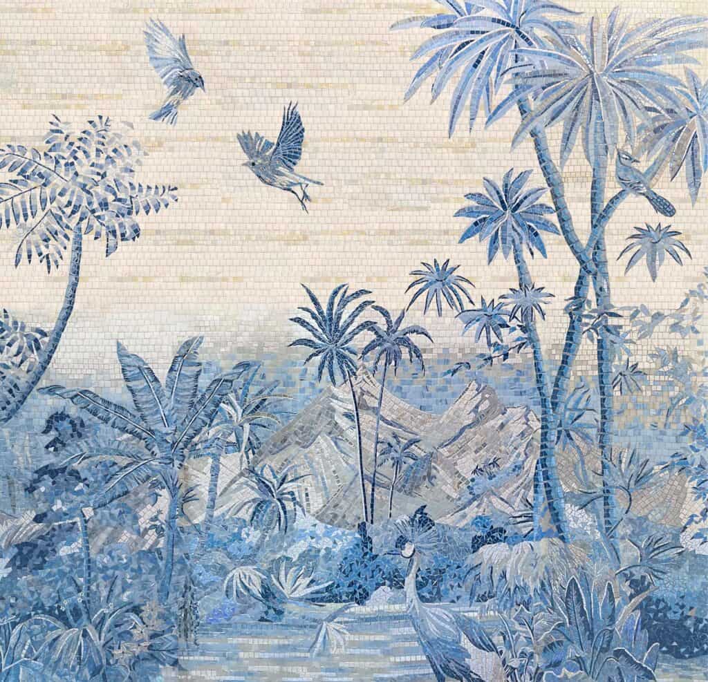 Intricate mosaic artwork featuring mountains, palm trees, and birds in shades of blue and beige.