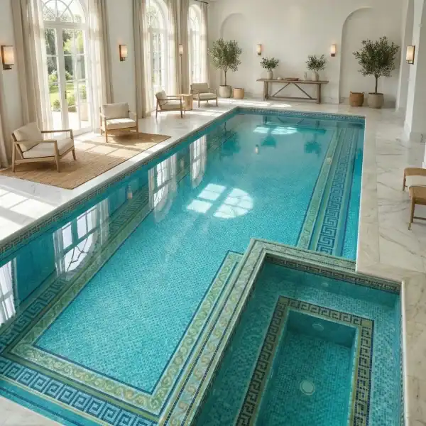 Aqua Blue Pool Mosaic with Greek Border Aqua Blue Pool Mosaic with Greek Border