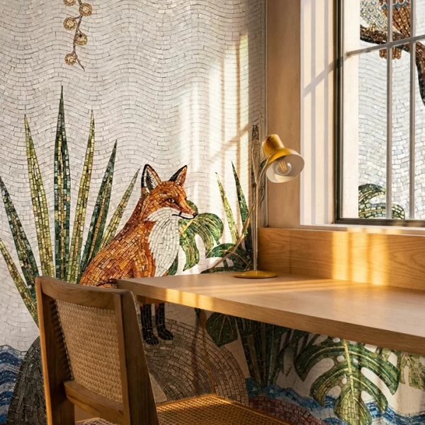 Fox & Owl Mosaic Mural Wildlife mosaic wall with fox and owl artwork, green plants, wave tile background, and blue accents in neutral and earthy tones.