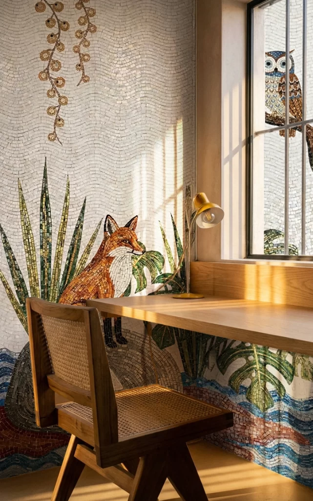 Wildlife mosaic wall with fox and owl artwork, green plants, wave tile background, and blue accents in neutral and earthy tones.
