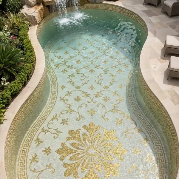 Luxury pool mosaic with gold floral medallion, vine scroll patterns, and Greek key border on soft aqua tile base in curved outdoor pool design.