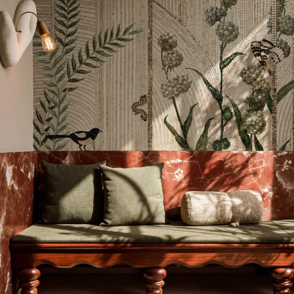 Jungle Mosaic Feature Wall Botanical mosaic wall with arch pattern background, beige tones, green leaves, white flowers, butterfly and bird tile artwork.