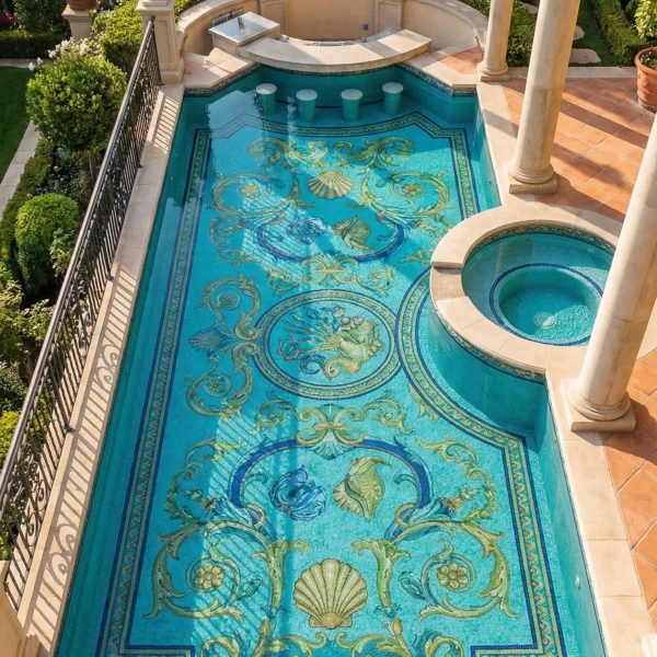 Luxury Ocean Pool Medallion Luxury marine pool mosaic with shell motifs, circular medallions, fish artwork, and gold scroll patterns on aqua blue tile base with ornate border.