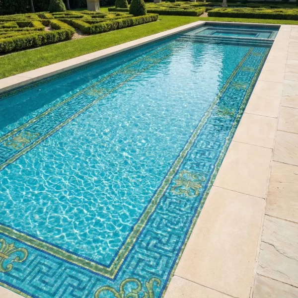 Mediterranean Greek Key Pool Mosaic Aqua pool mosaic with Greek key border, gold accent lines, and decorative corner flourishes, classic Mediterranean pool tile edging design.