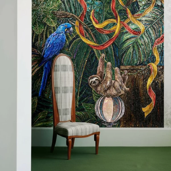 Monkey & Macaw Mosaic Wall Jungle mosaic wall with parrot, monkey and sloth artwork, layered green foliage, and flowing red-yellow ribbon accents in detailed tile design.