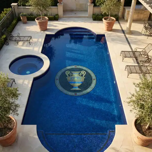 Deep blue pool mosaic with central circular medallion featuring a classic urn motif in gold and olive tones, luxury Mediterranean pool tile design.