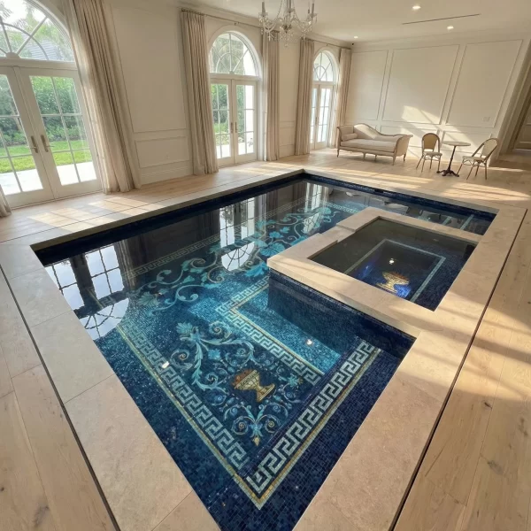Victorian Pool Mosaic Artwork Indoor pool mosaic with deep blue tiles, Greek key border, ornate scroll patterns and gold accents, luxury spa pool design with matching spa section.