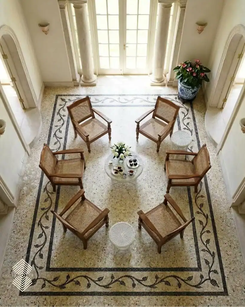 terrazzo floor with an integrated decorative border along the edges