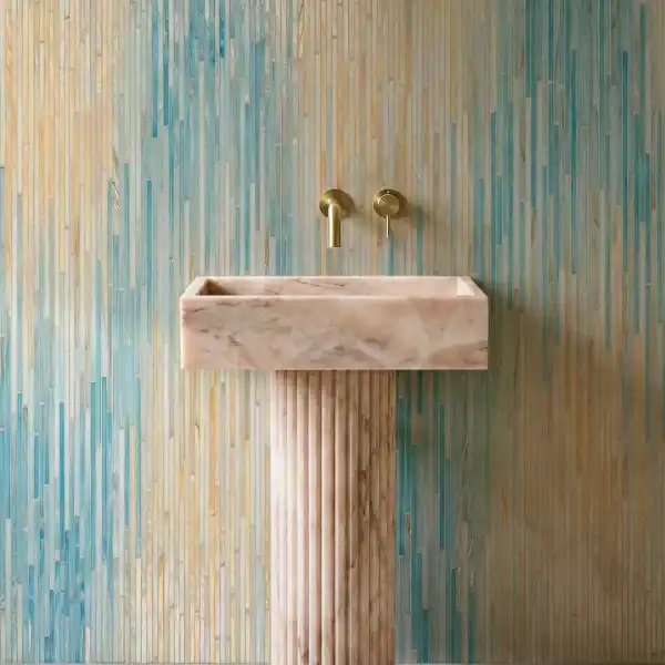 Azure Veil Ombre Mosaic Wall Azure Veil Ombre Stick Mosaic used as a powder room vanity backdrop with vertical aqua and sand-toned mosaic design.