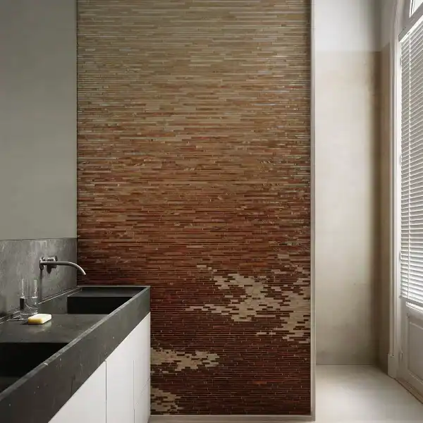 Copper Fade Linear Mosaic Warm ombre linear mosaic wall with slim horizontal mosaic tiles fading from beige to deep brown, earthy feature wall design for modern bathrooms.