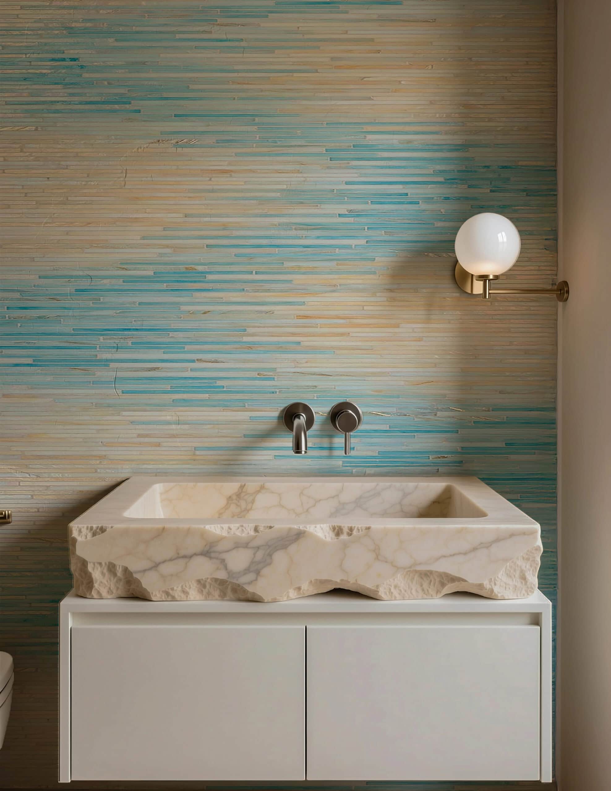 Coastal Drift linear glass mosaic used as a bathroom vanity wall with aqua and sand tones, paired with a modern stone basin.