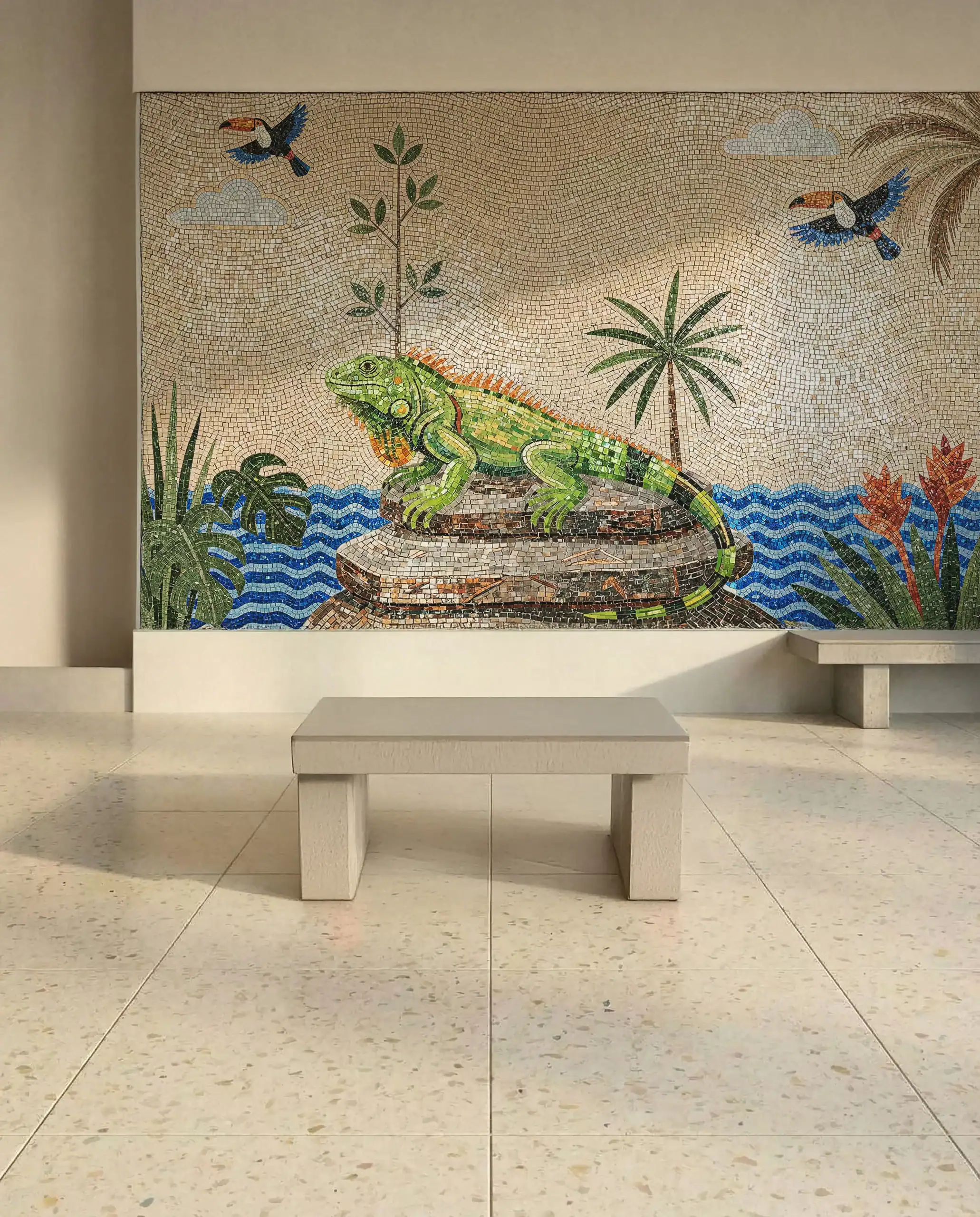 Emerald Oasis Iguana Mosaic mural used as a luxury lobby feature wall with tropical wildlife and blue water mosaic design.