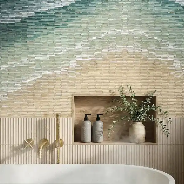 Seafoam Ombre Mosaic Seafoam to sand ombre mosaic wall with slim horizontal mosaic tiles, teal to beige gradient design for bathroom and shower feature walls