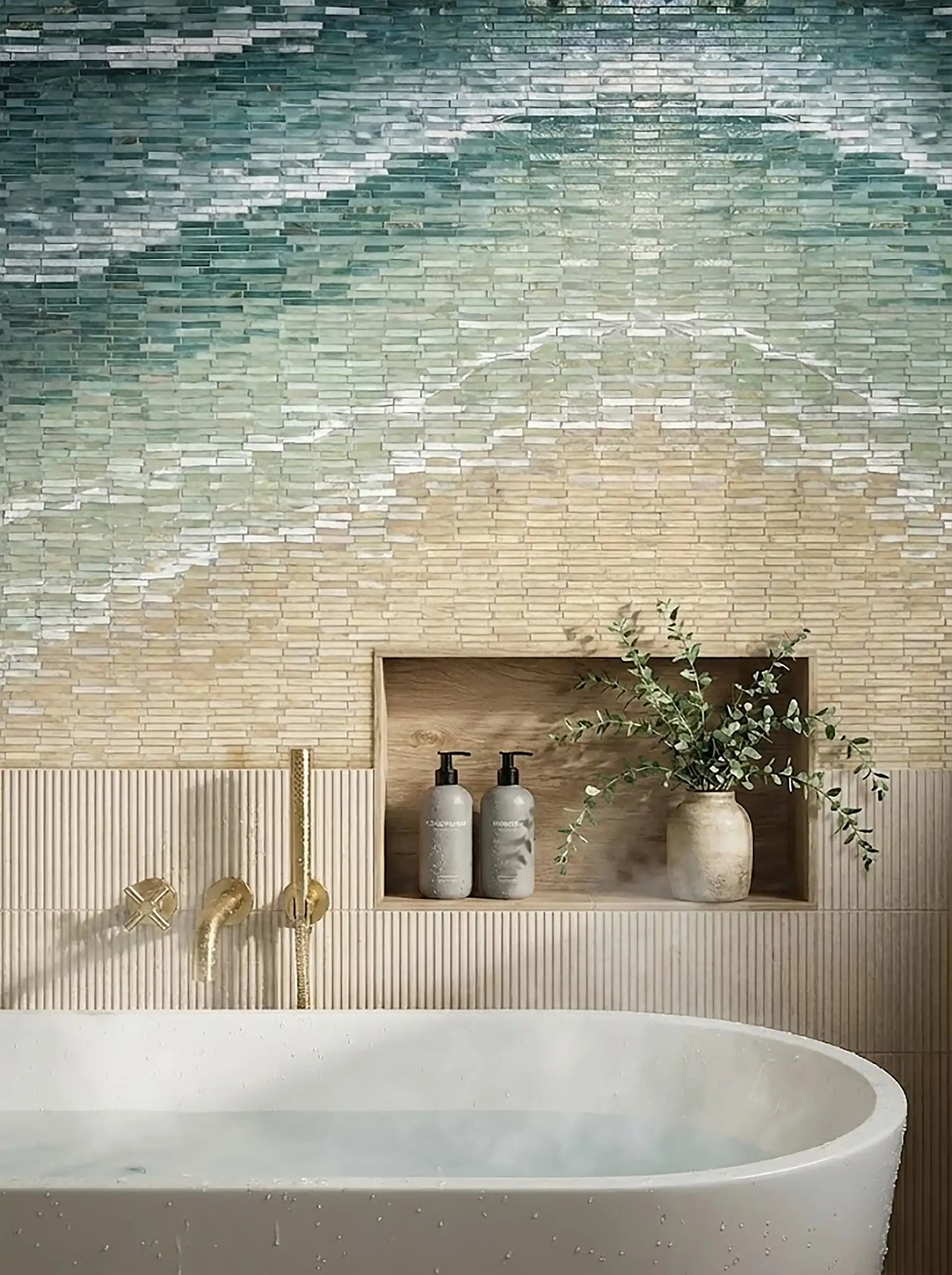 Seafoam to sand ombre mosaic wall with slim horizontal mosaic tiles, teal to beige gradient design for bathroom and shower feature walls