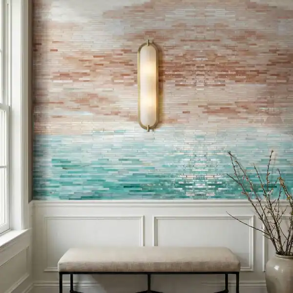 Terracotta Tide Fade Mosaic Horizontal stick tile feature wall with ombre gradient from blush and sand to aqua sea-glass tones, modern textured mosaic design.