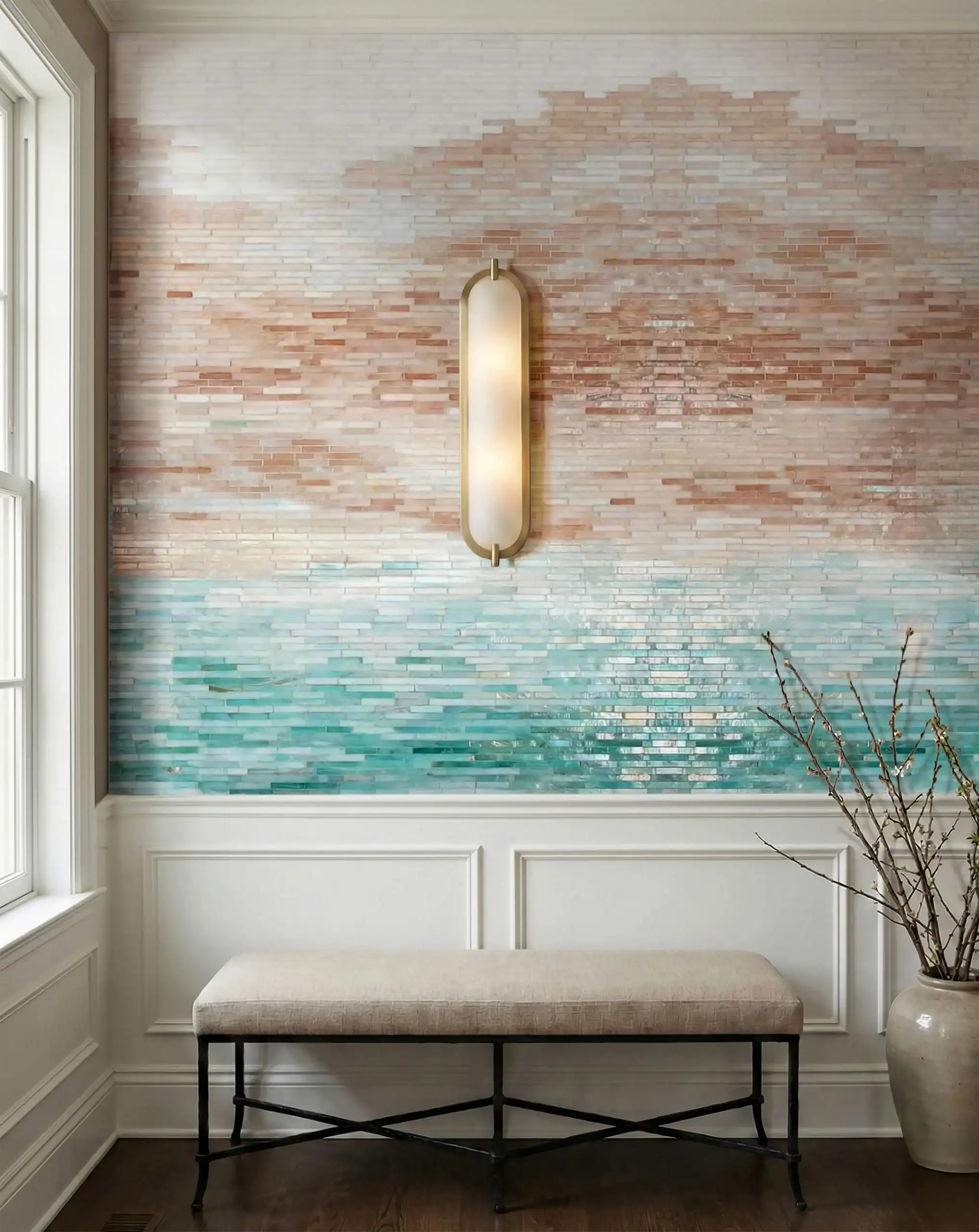 Horizontal stick tile feature wall with ombre gradient from blush and sand to aqua sea-glass tones, modern textured mosaic design.