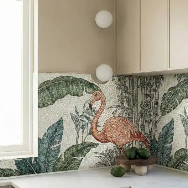 Tropic Flamingo Mosaic Backsplash Emerald Tropic Flamingo Mosaic used as a kitchen backsplash featuring coral flamingo and green botanical mosaic design.
