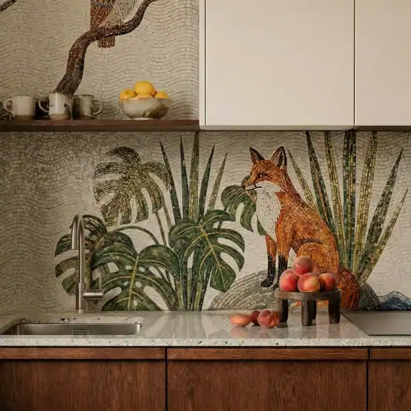 Woodland Whisper Wildlife Mosaic Woodland Whisper wildlife mosaic used as a kitchen backsplash featuring a fox, owl, and botanical design with earthy tones.