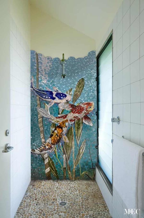 Koi fish pond shower wall mosaic art